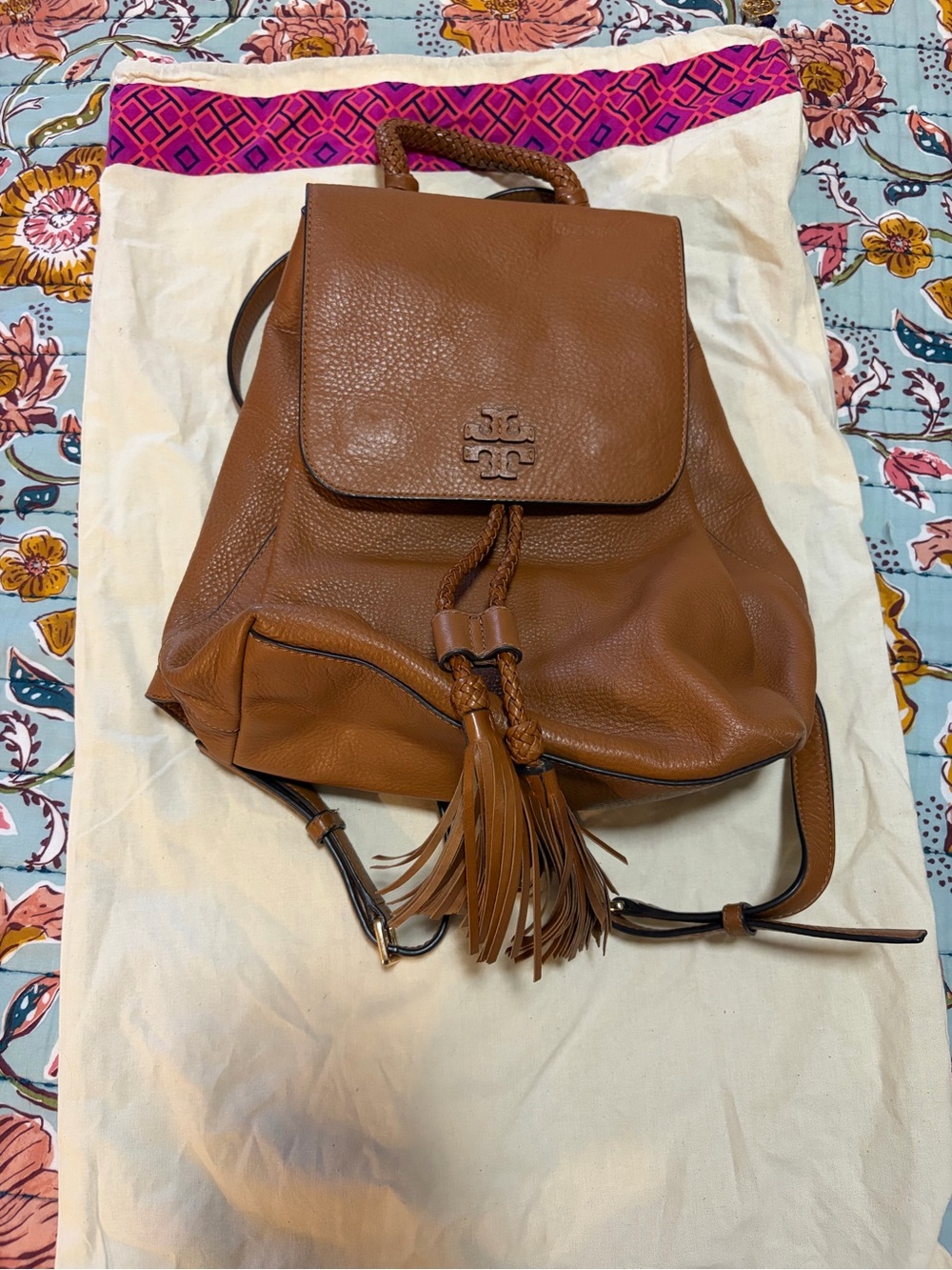 Tory Burch Cognac Brown Leather Tassel Backpack